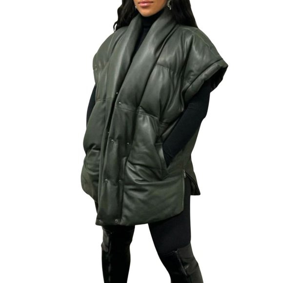 FRAME Womens Puffer Vest Jacket Sleeveless Oversized Shoulders Wide Pad Black S - Picture 13 of 13